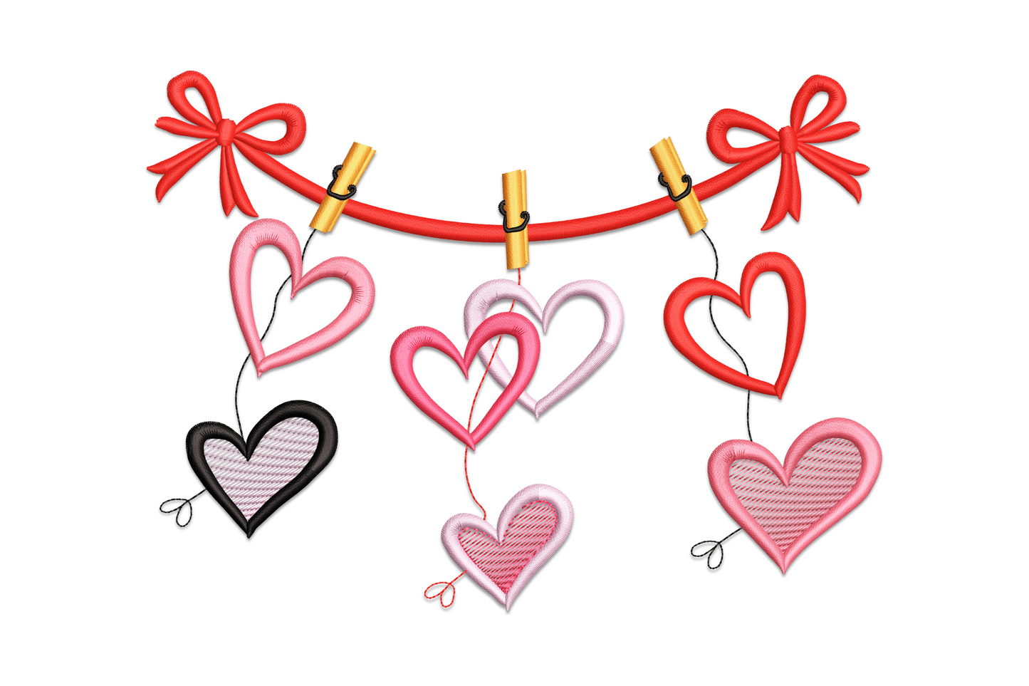 Hanging valentine hearts garland embroidery with hearts on a cord, orange pegs, red bows, in pink, red and black.