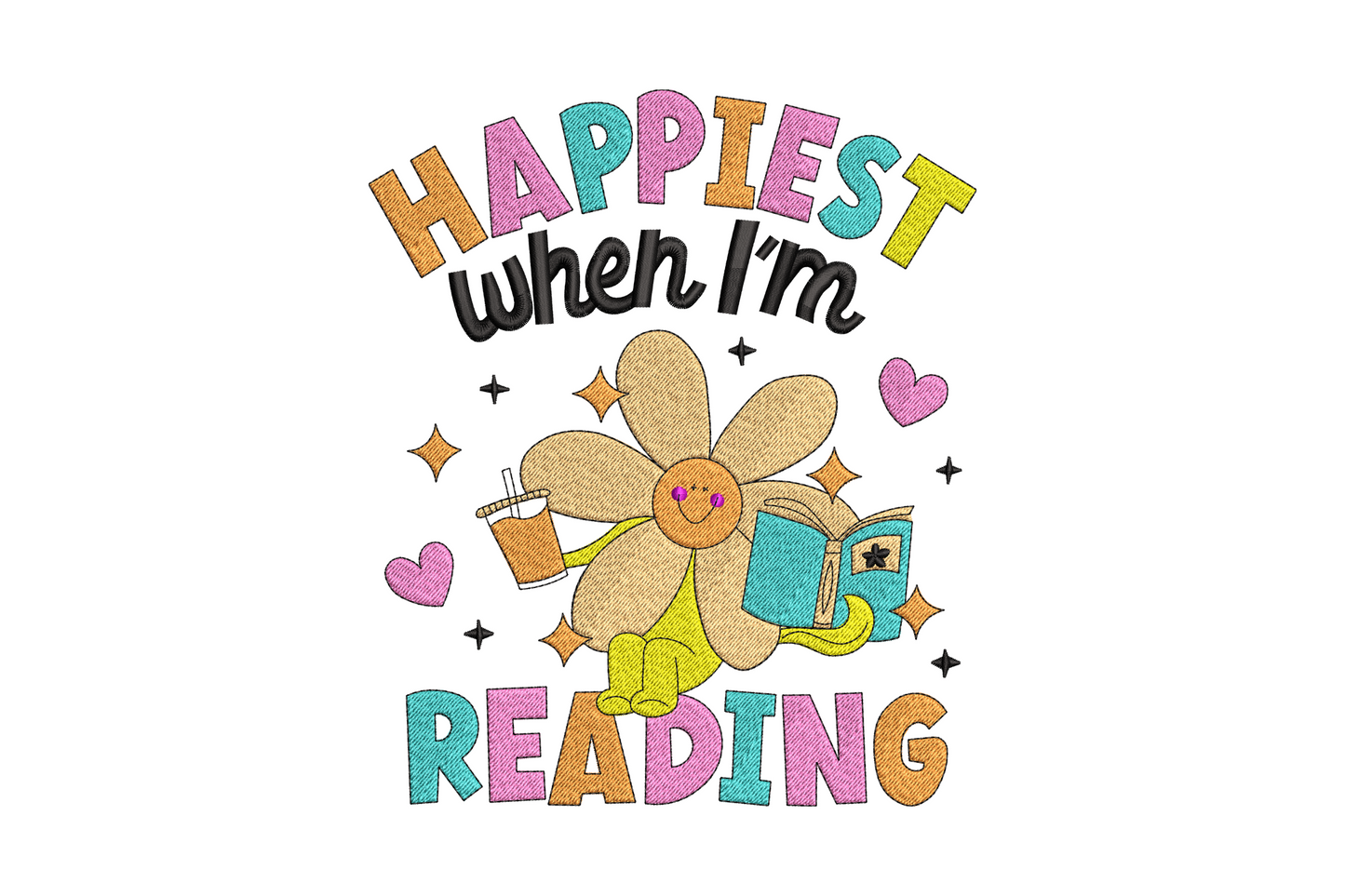 Happiest When Im Reading embroidery design with retro groovy daisy character holding book, bubble letter arched text, 7 color reader design
