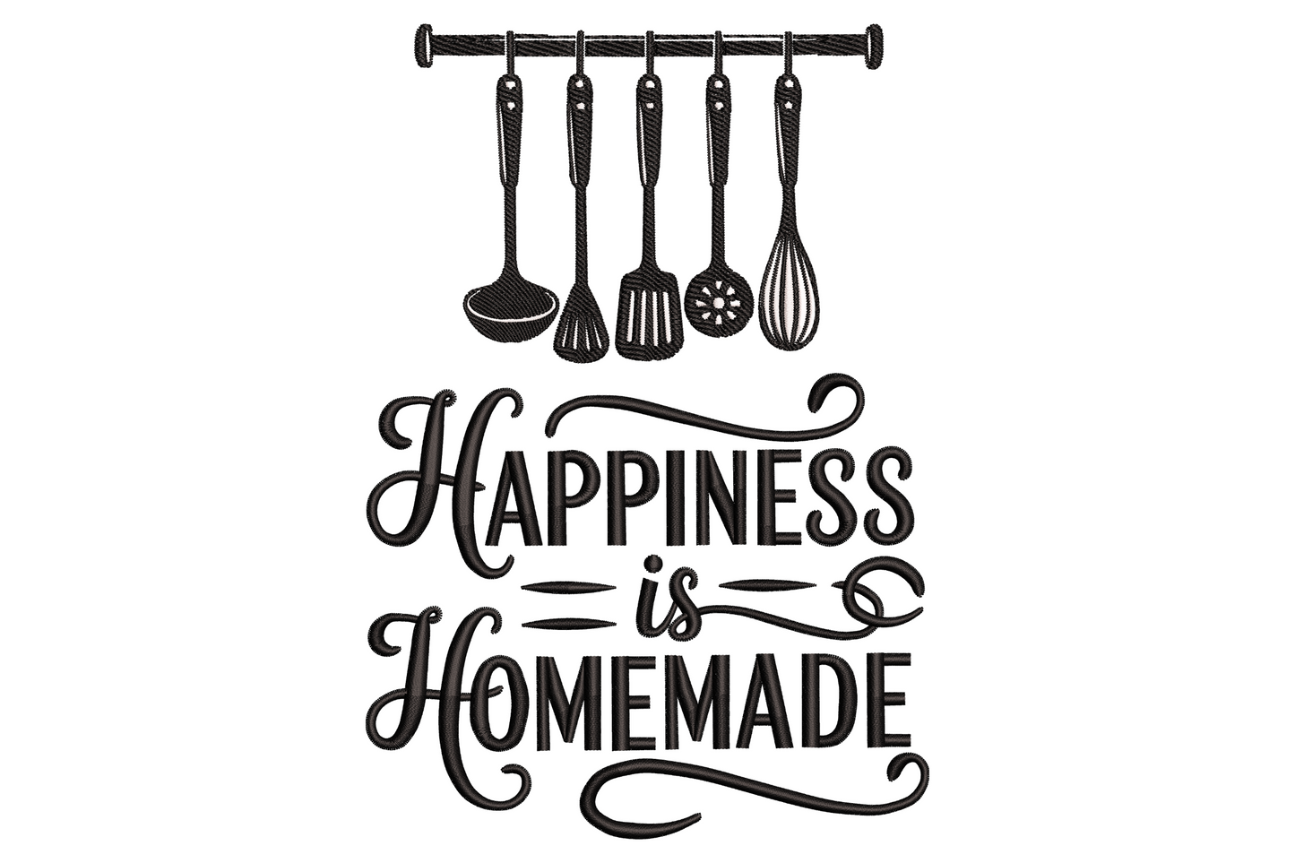 Happiness Is Homemade quote embroidery, flowing cursive script above bold block lettering, farmhouse typography style.