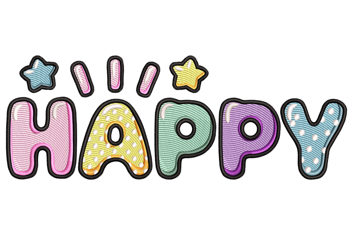 Happy applique embroidery design in chunky pastel bubble letters with pink, mint, yellow and lilac fills.