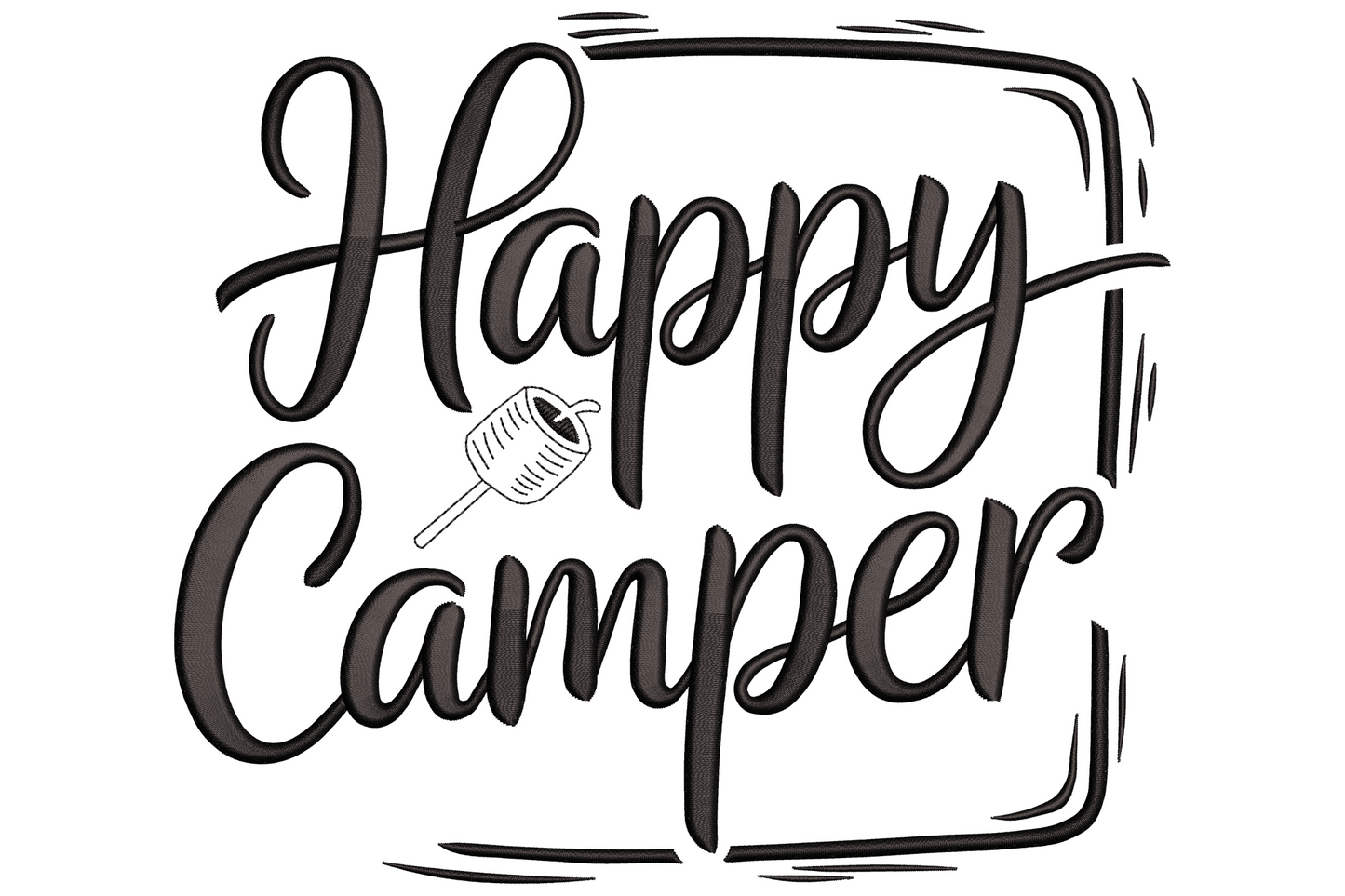 Vintage teardrop camper trailer with bunting flags and HAPPY CAMPER curved text above, single-colour line-art badge embroidery design for camping projects.