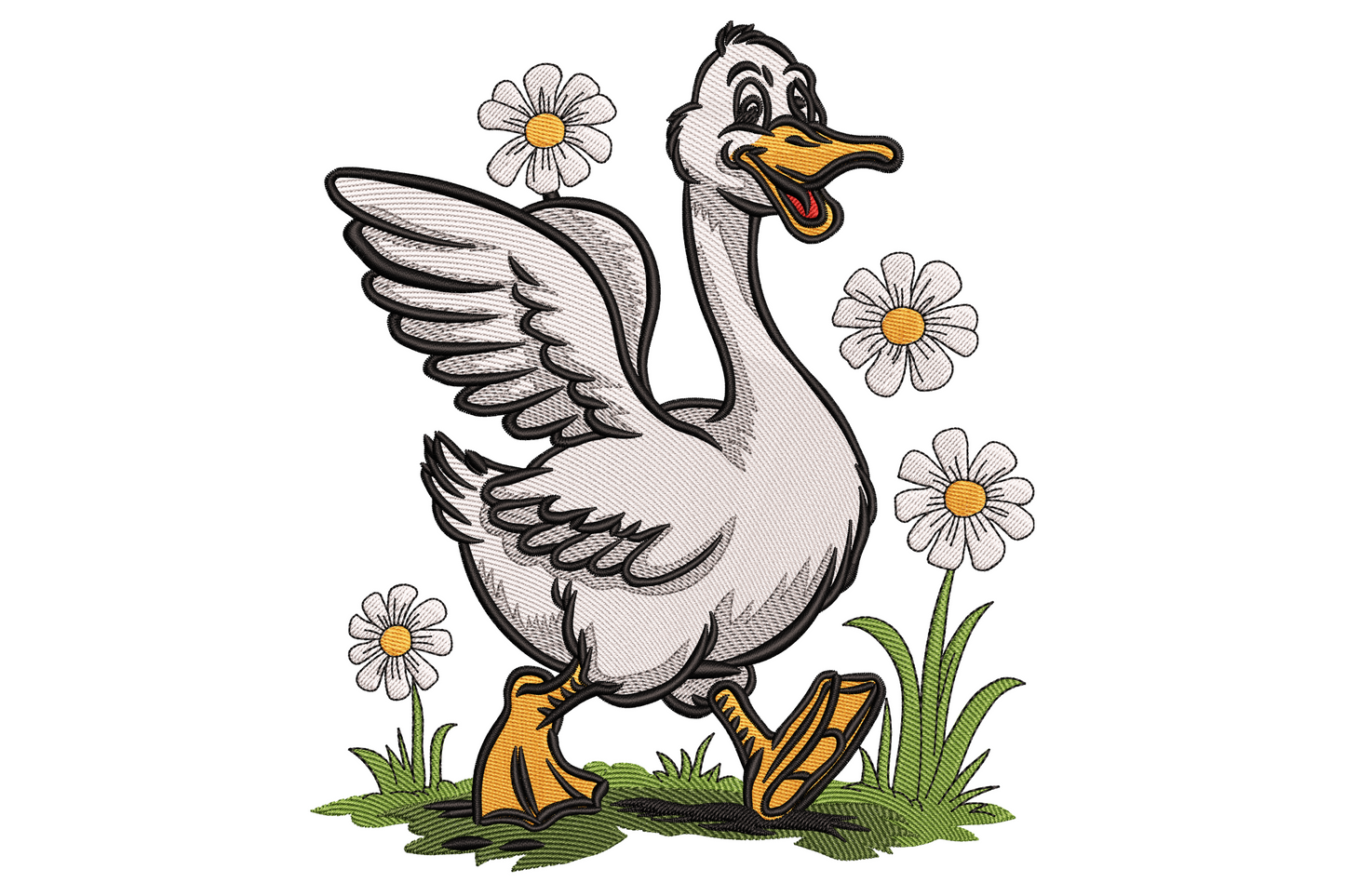 Happy duck embroidery, white duck mid-step with orange beak and feet wing lifted, surrounded by white daisies and green grass