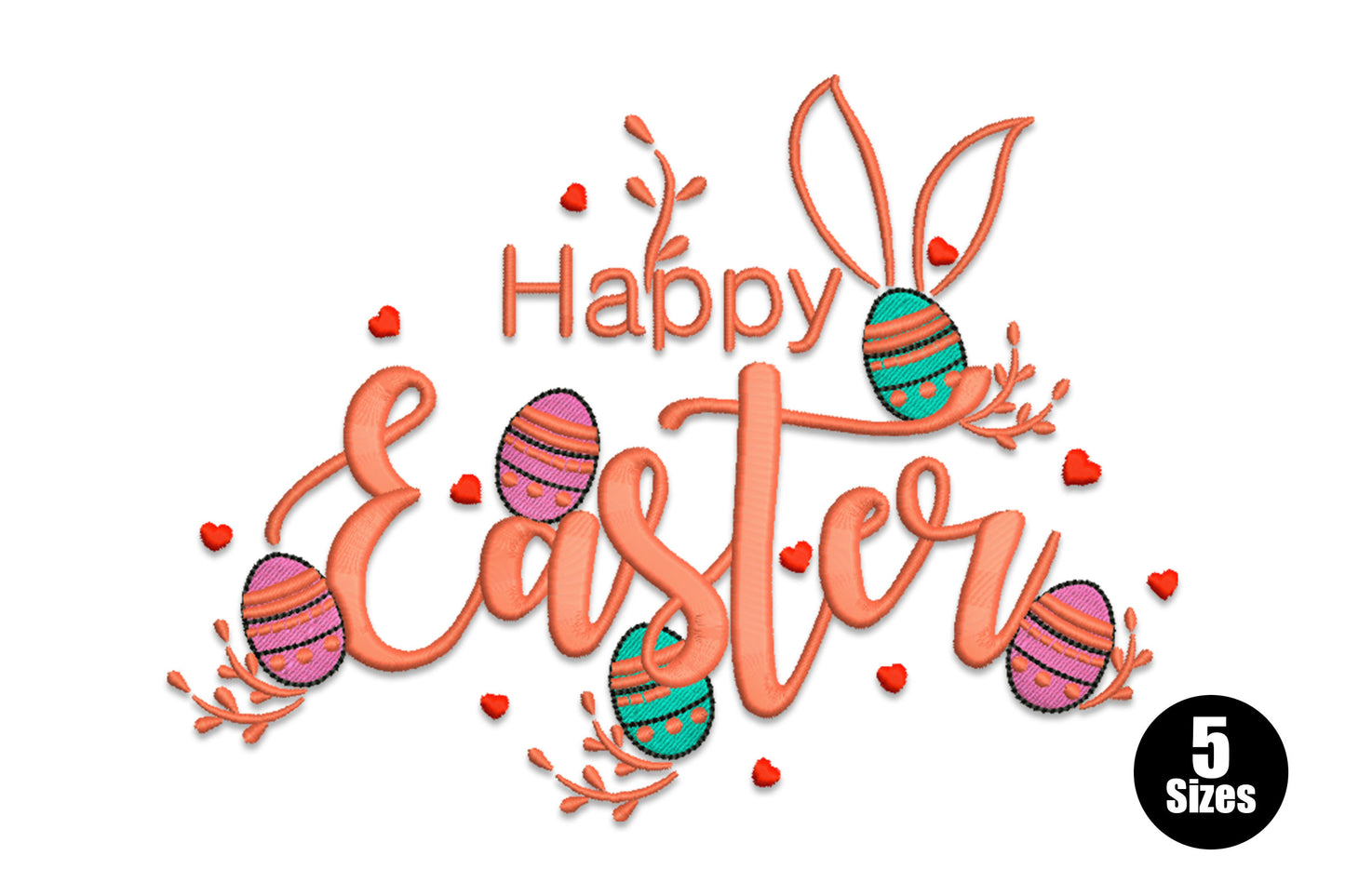 Happy Easter script embroidery design in salmon coral with aqua and pink decorated eggs, bunny ears and tiny scattered red hearts.