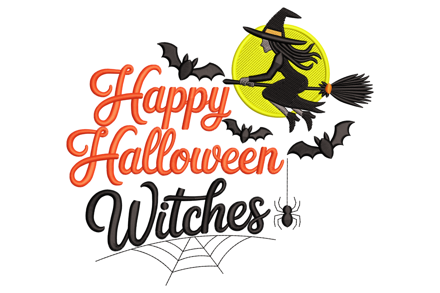 Happy halloween witches text design with witch hat and broom illustrations, orange black and purple palette, cartoon-illustrative style machine embroidery.