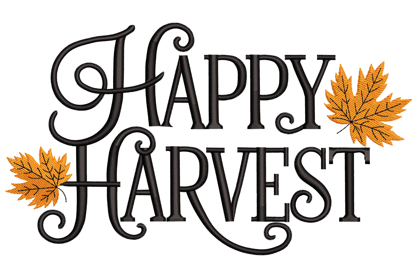 Happy harvest fall machine embroidery design, rustic hand-lettered script in two colours, warm rust tone, compact landscape composition with leaf accents.