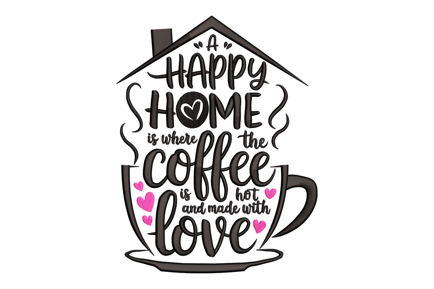 Happy home coffee machine embroidery design in warm brown and cream, coffee mug illustration with typography in rustic farmhouse kitchen style, portrait composition