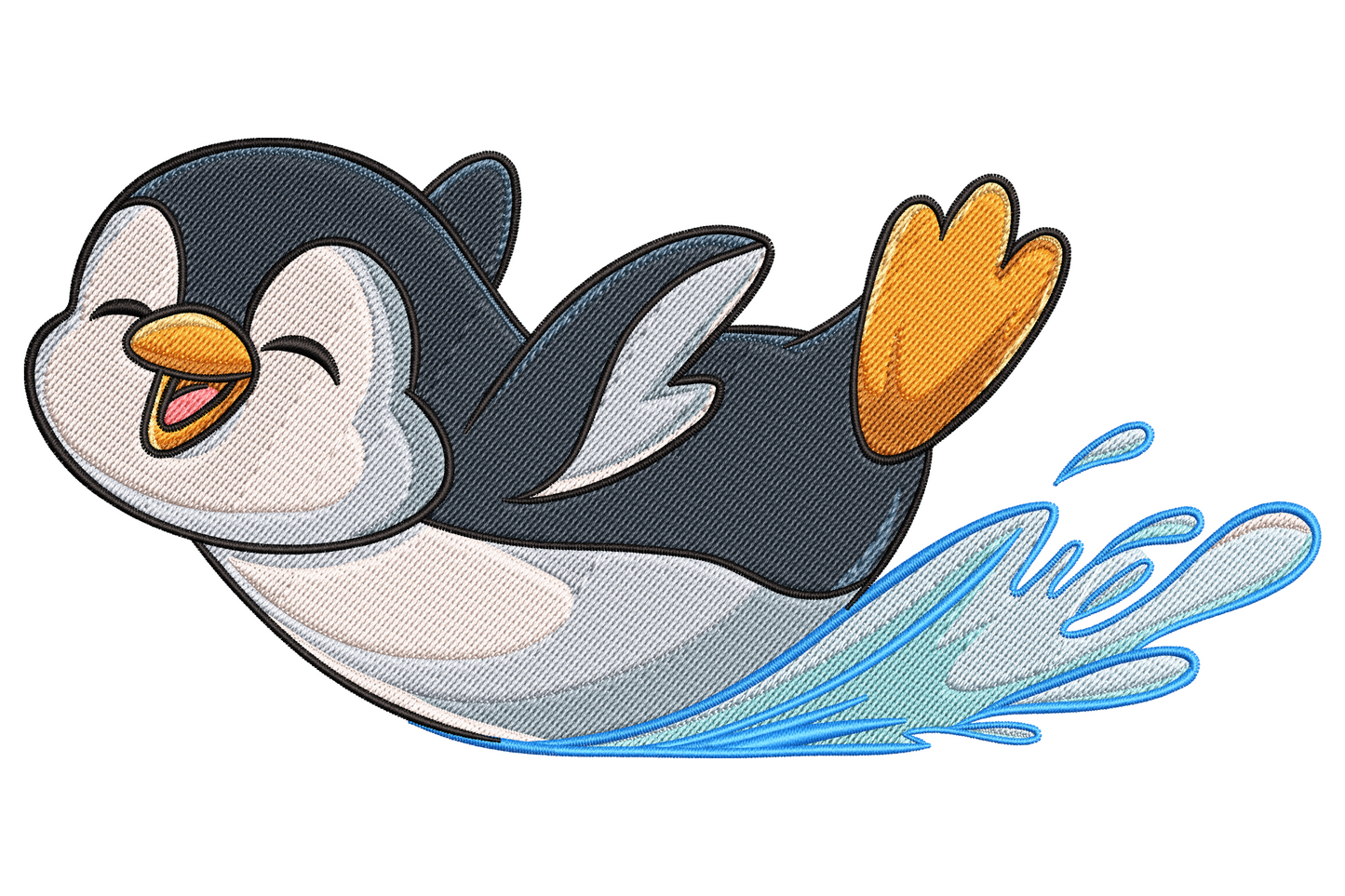 Happy penguin splash embroidery design with smiling penguin mid-leap and turquoise pink yellow watercolour splash behind.