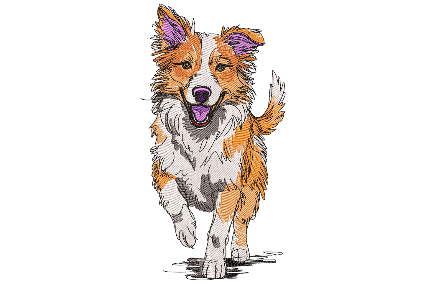 Happy running dog embroidery design of a ginger and cream border collie mid-stride with tongue out, sketchy colour fill style on white.