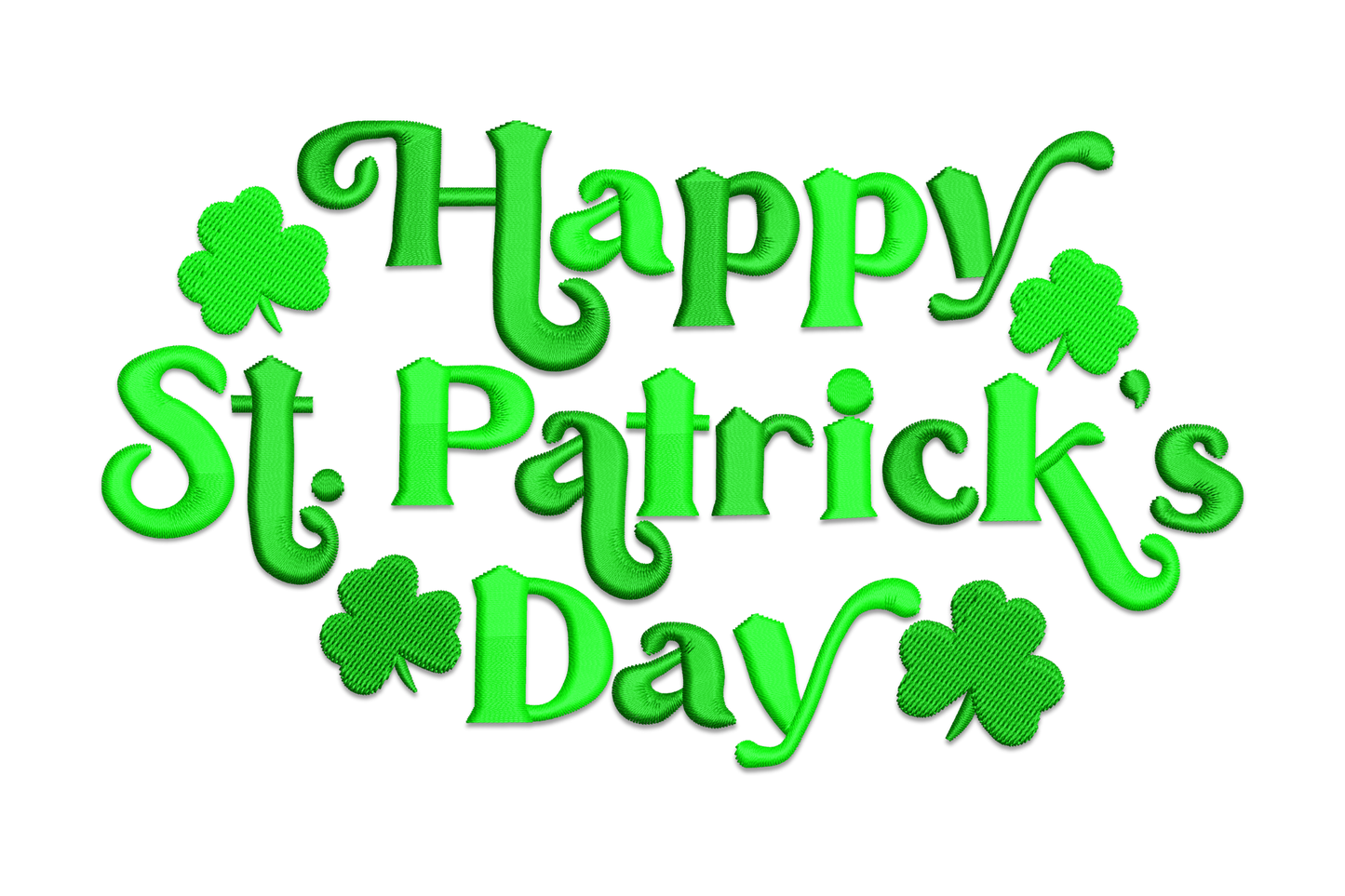 Happy St. Patrick's Day stacked retro lettering with shamrock accents in two shades of green embroidery