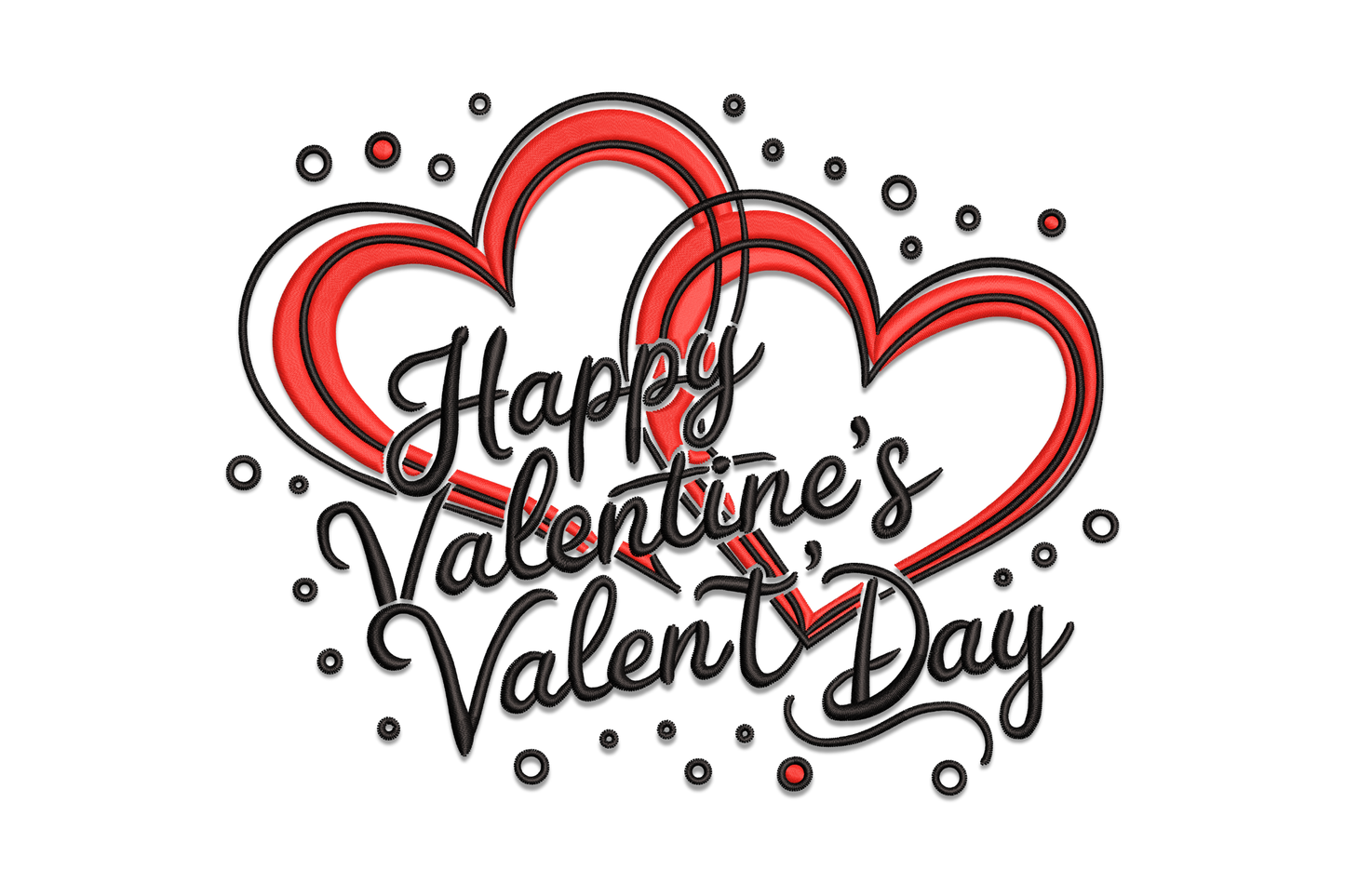 Happy Valentine's Day heart embroidery design with calligraphy script and starburst accents, 5 sizes up to 7.51 inches.