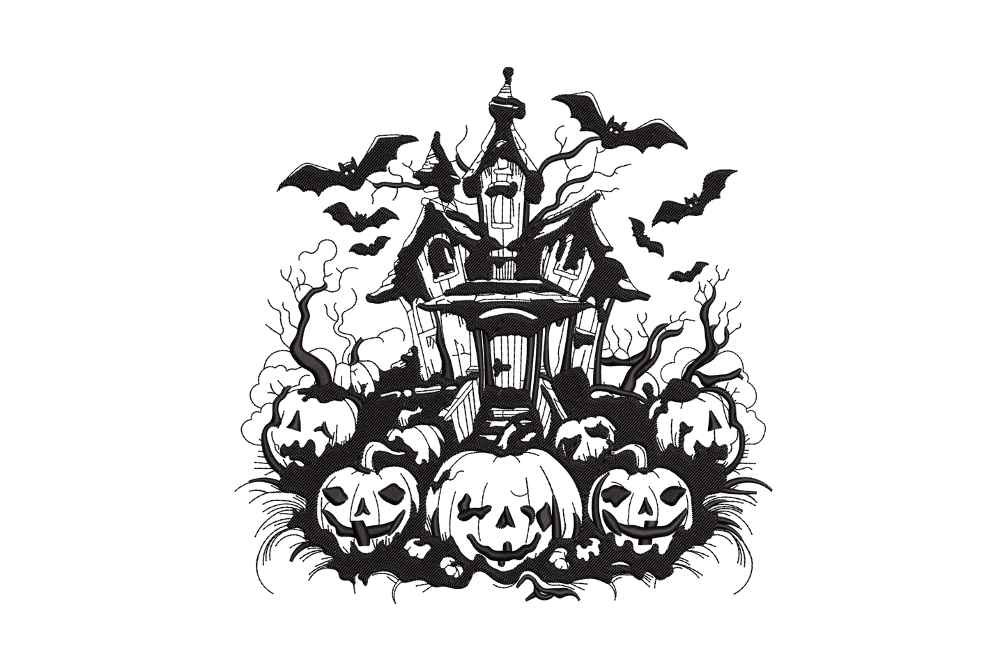 Haunted house silhouette embroidery with glowing jack-o-lantern pumpkin and full moon in orange, purple and black.