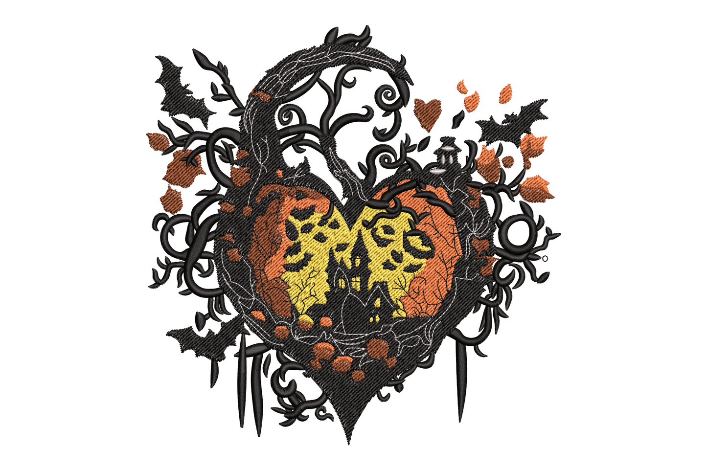 Gothic Halloween heart embroidery with glowing pumpkin face, black vines, rust leaves and spider web, 5 colours, 4 sizes