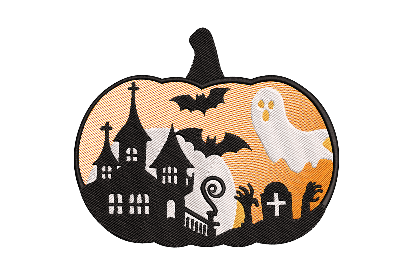 Embroidered haunted pumpkin scene with mansion ghost bat and zombie hands inside an orange pumpkin shape, 4 colour halloween design