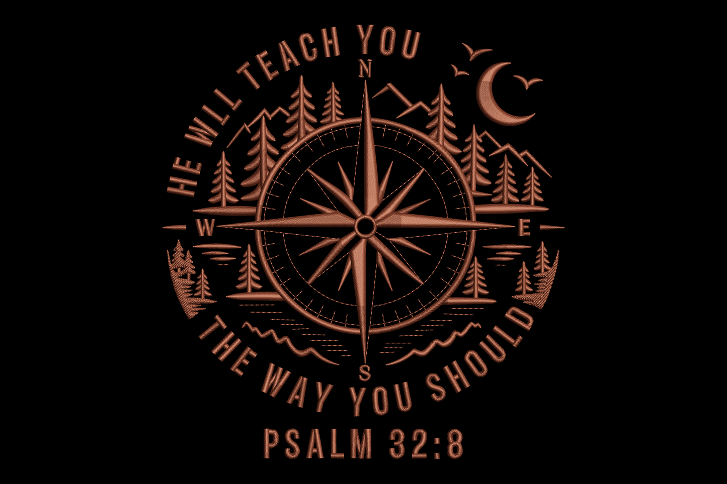 Compass design with trees and text embroidery design
