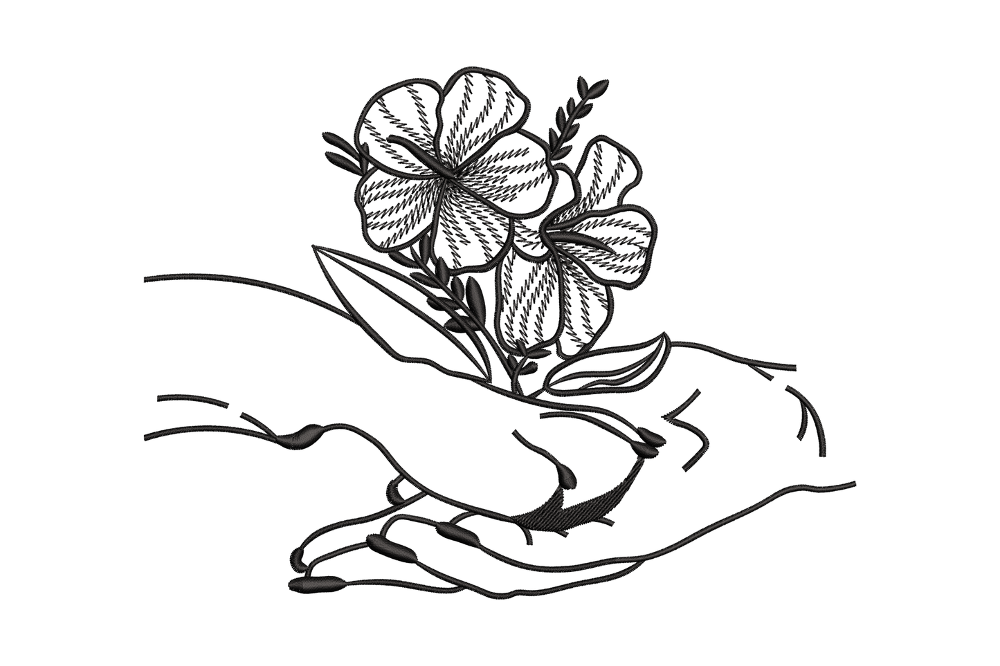 Healing hands with flowers embroidery design - open hand holding hibiscus blooms in black line art, 4 sizes
