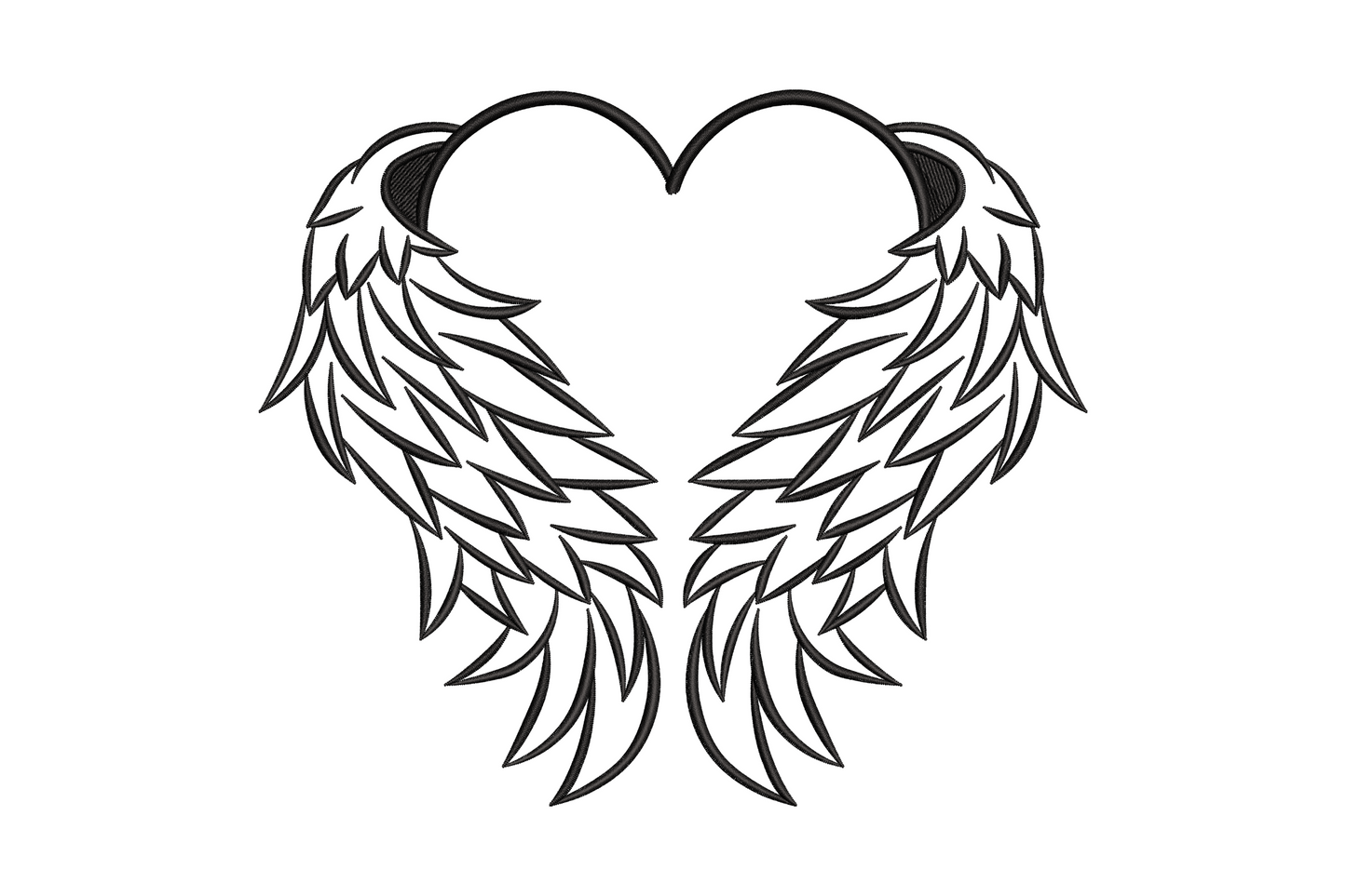 Heart-shaped angel wings line art embroidery design, single color outline with feather detail, 5 sizes from 3 to 6.5 inches wide