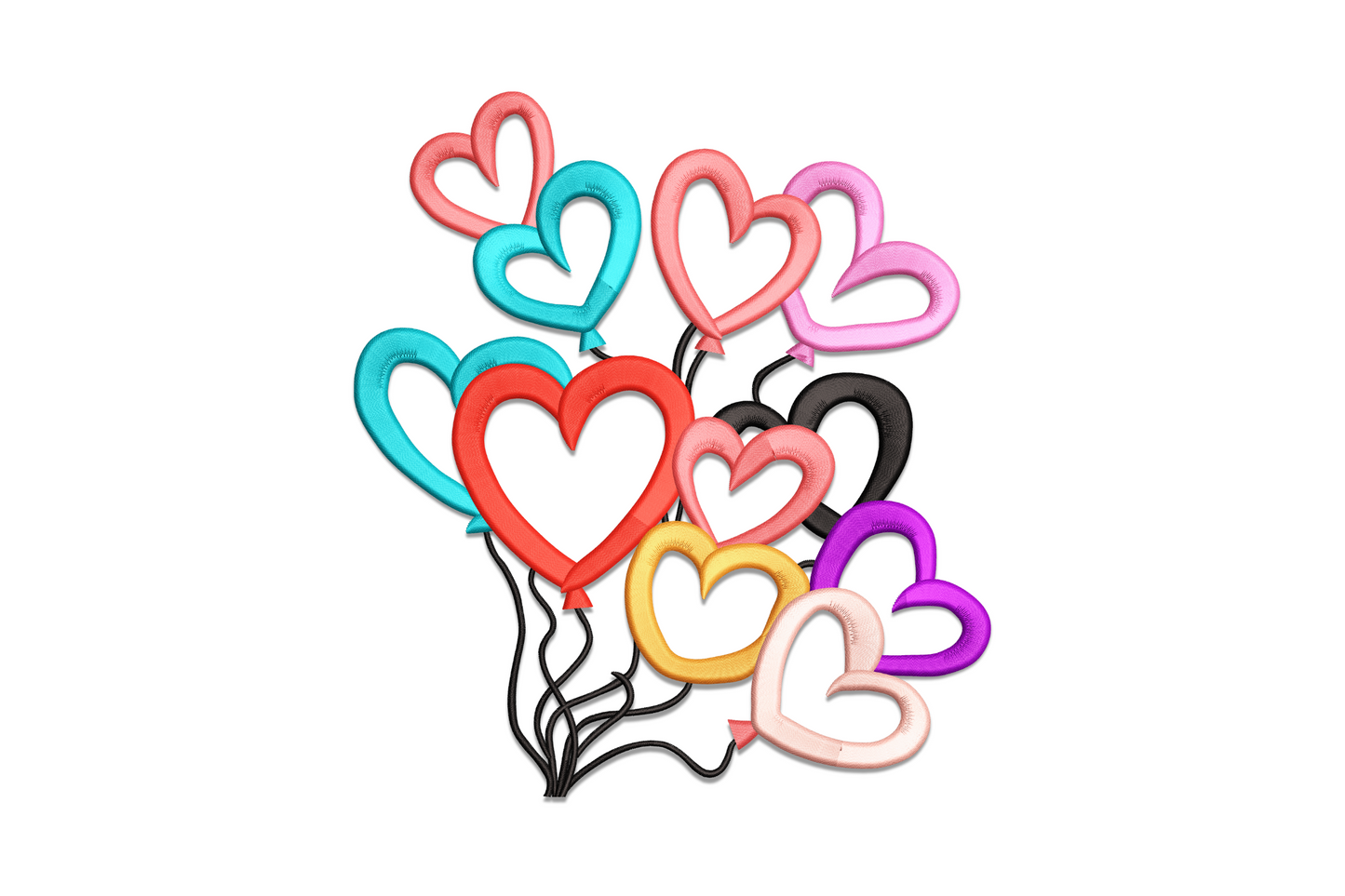 Heart balloon bouquet embroidery, ten outline heart balloons in teal, coral, pink, purple, gold, strings converging at base.