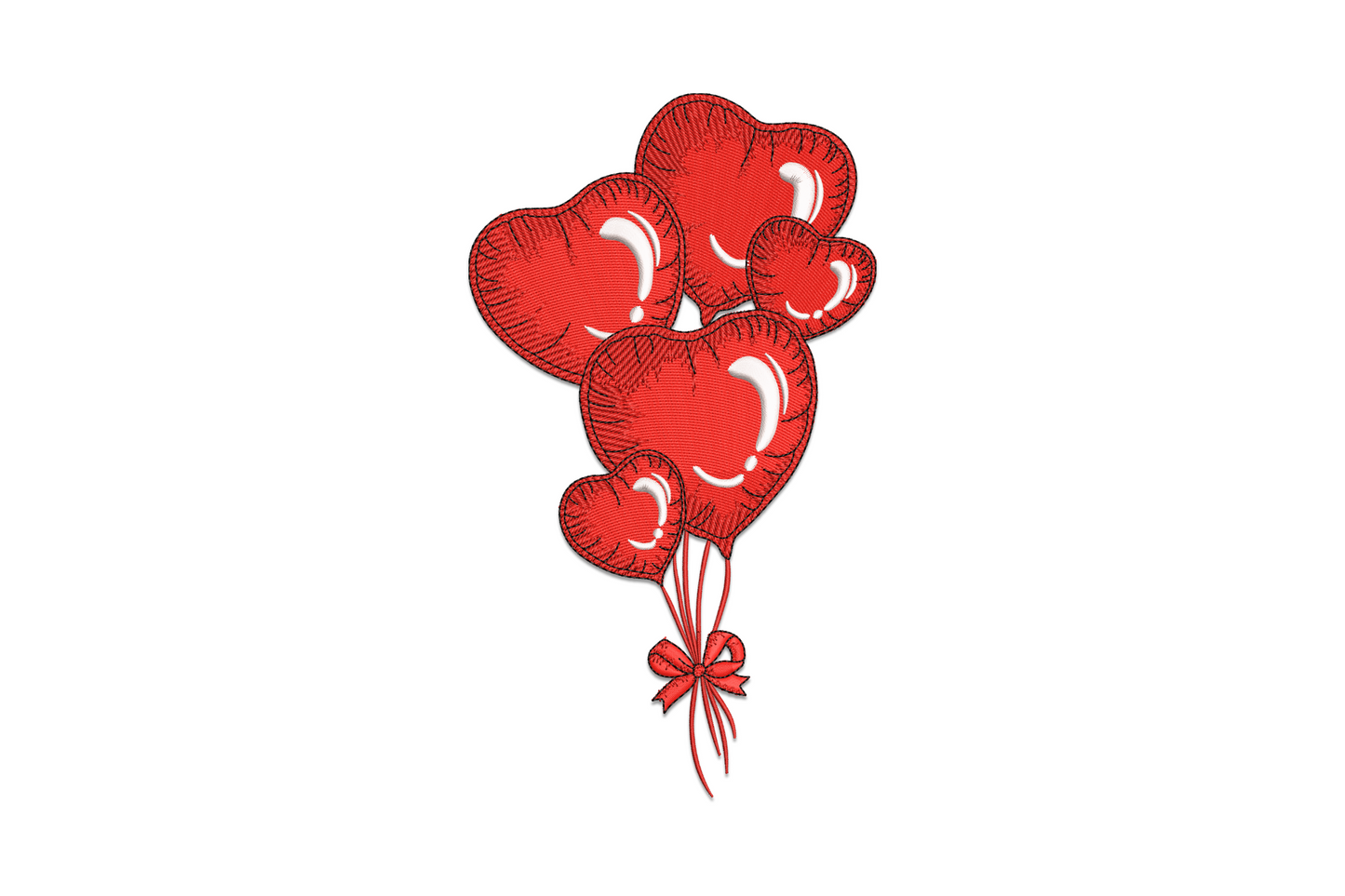 Heart balloon bouquet embroidery design with 4 satin-fill heart balloons on curling strings in pink and red, 5 sizes 3.51 to 7.51 inches