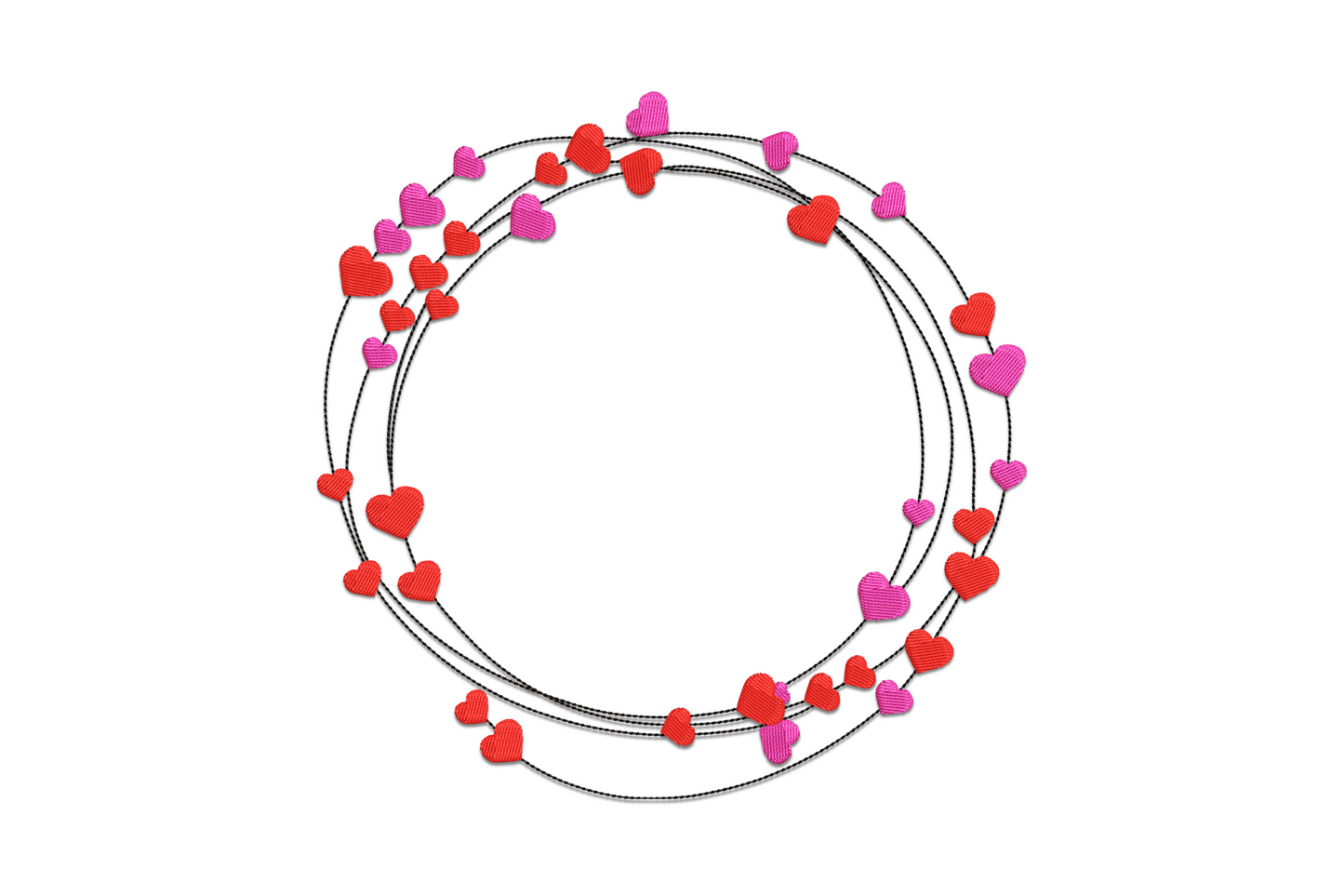 Machine embroidery circular frame of alternating red and pink hearts in a ring with hollow center on white fabric