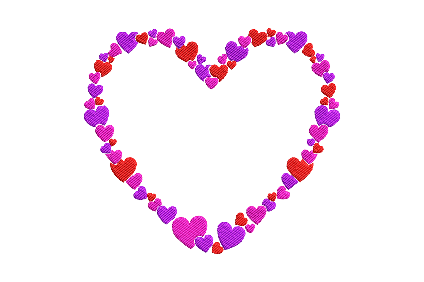 Heart cluster frame embroidery, heart shape built from packed mini hearts in red, magenta, and purple satin fills.