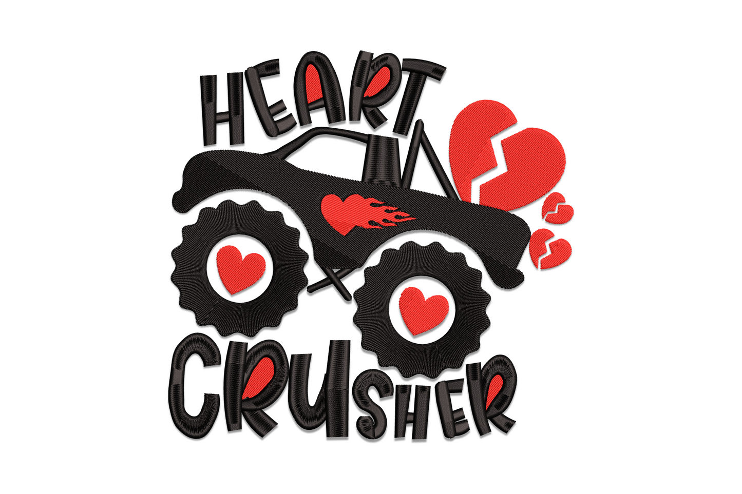 Monster truck rolling over squashed hearts embroidery design, black and red cartoon style, 6 sizes from 2.5 to 7 inches