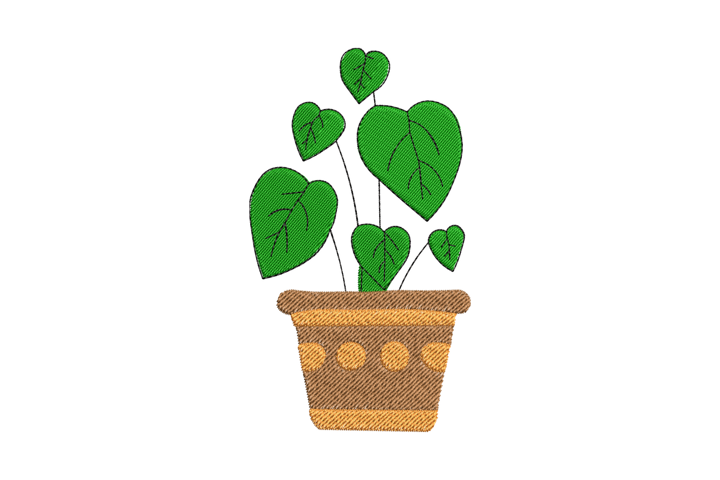 Heart leaf potted plant embroidery design, cascading pothos with heart-shaped forest green leaves trailing from a butter yellow pot.