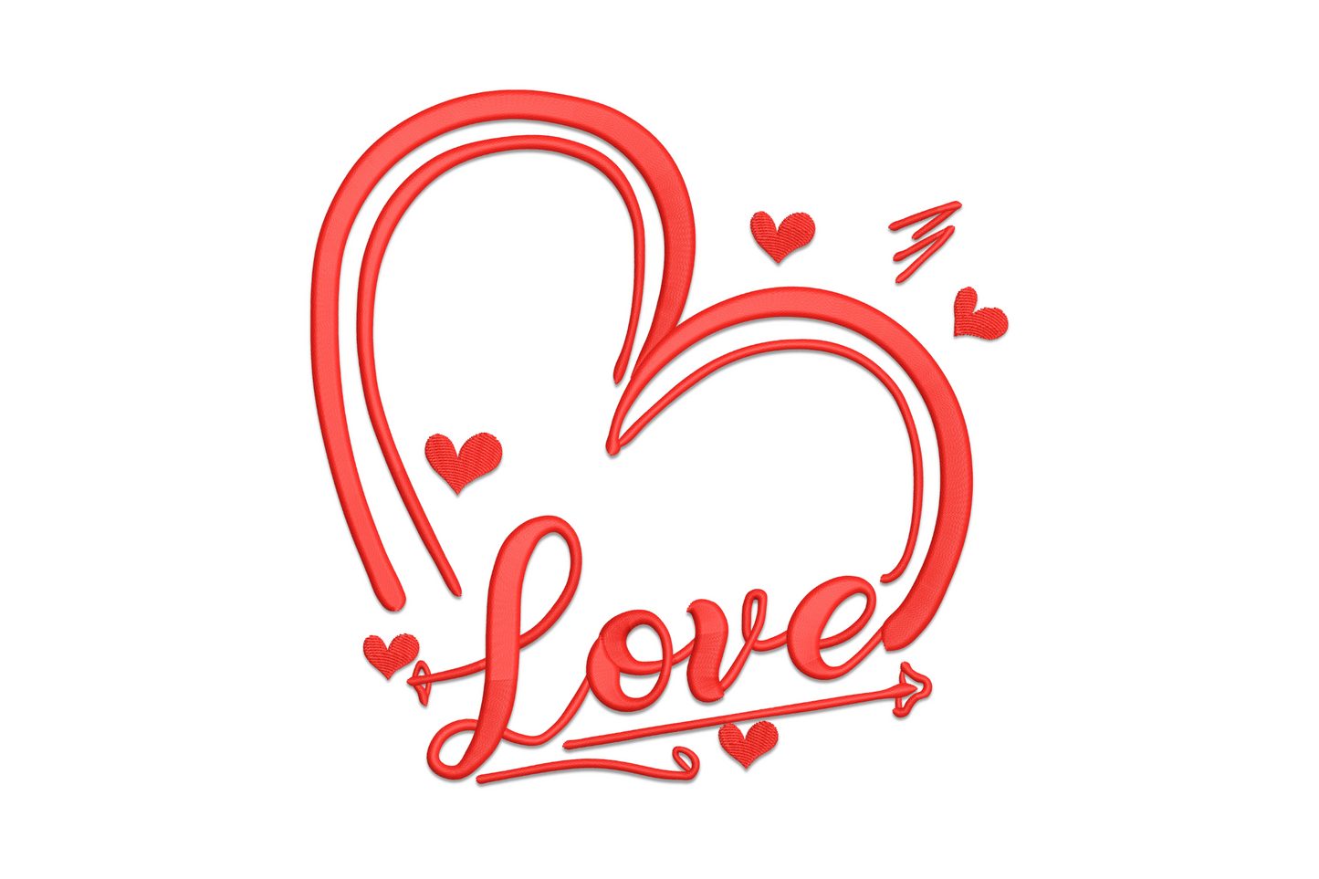 Machine embroidery design of a filled heart pierced by an arrow in single color, classic Cupid valentine motif, nearly square format