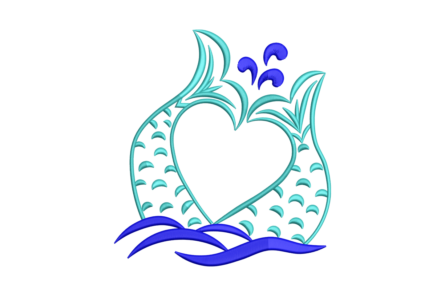 Heart mermaid tail ocean love embroidery, two aqua tails forming a heart shape with blue water base and floral detail, 2 colours