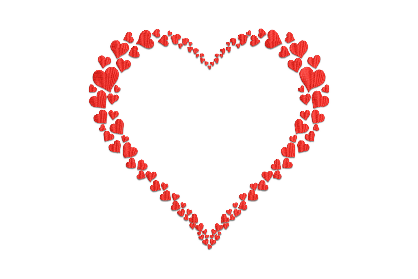 Machine embroidery design of a large heart outline formed by rows of tiny individual hearts in single color, mosaic style valentine design