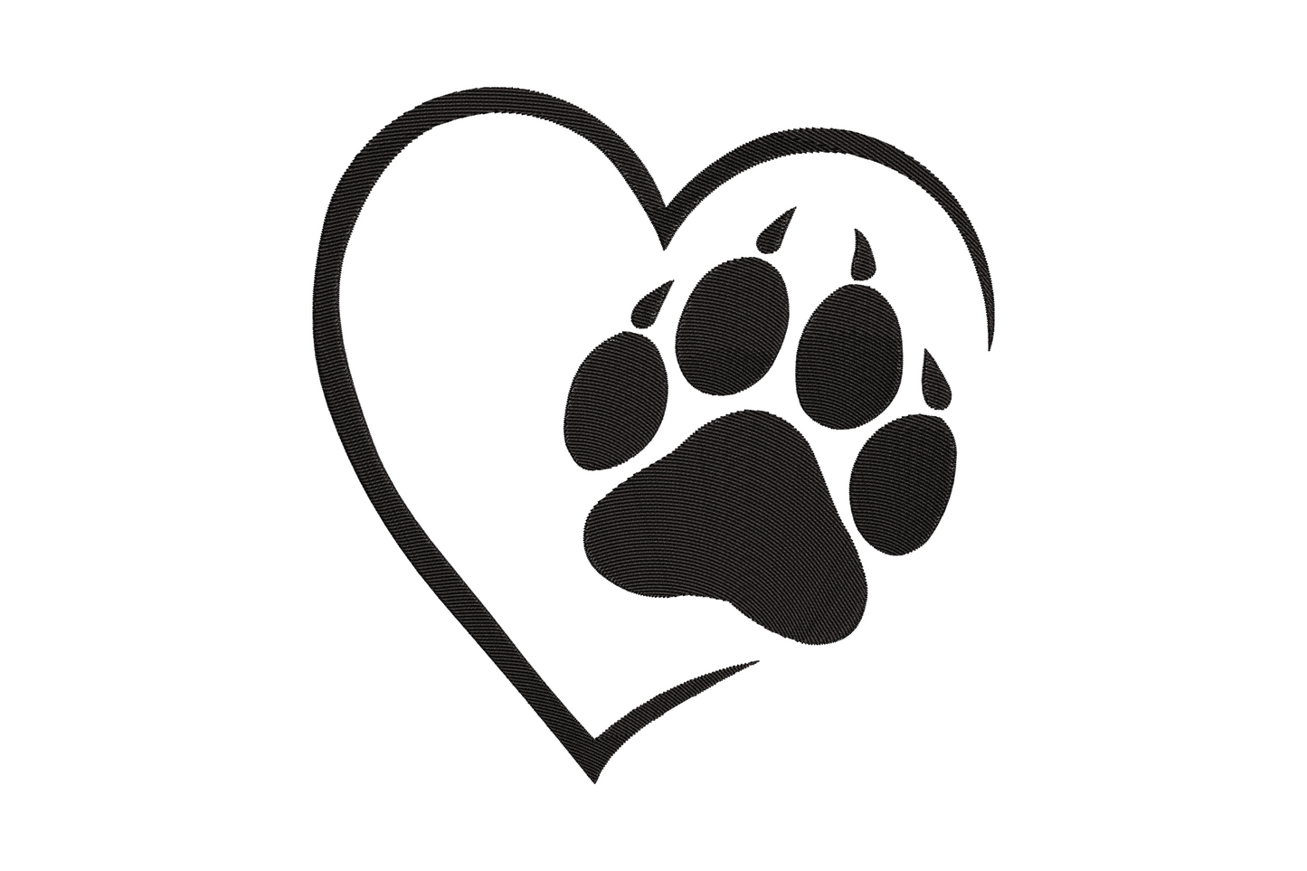 Heart outline paw print embroidery, single colour open satin border, paw inside heart, 3.43 to 7.34 inch sizes