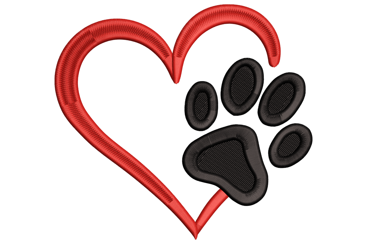 Heart paw print embroidery design with dark red open heart outline and solid black paw inside, 9 sizes, 2 colours.