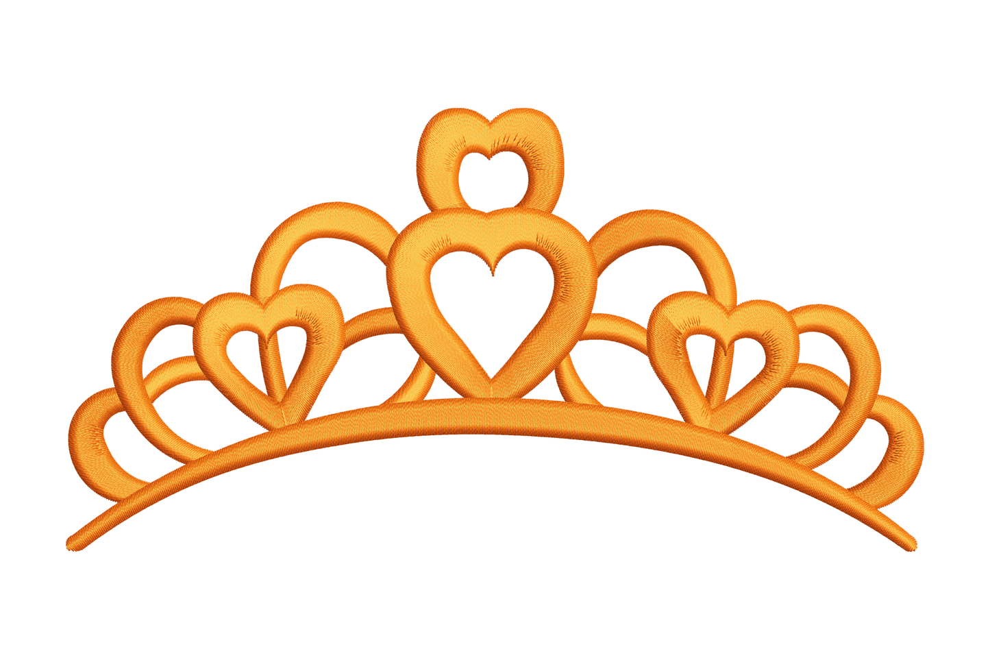 Wide tiara outline made of three hearts and a topper heart sat on a low curving base bar, single goldenrod thread fill