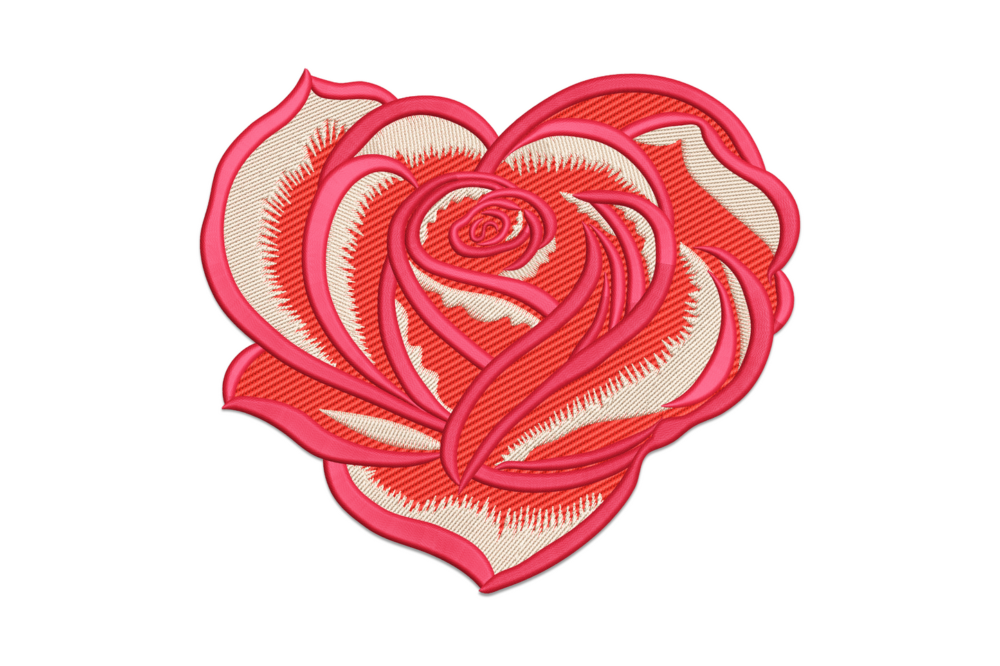 Embroidery rose design shaped as a heart, layered red and cream petals with spiral bud centre, on white background