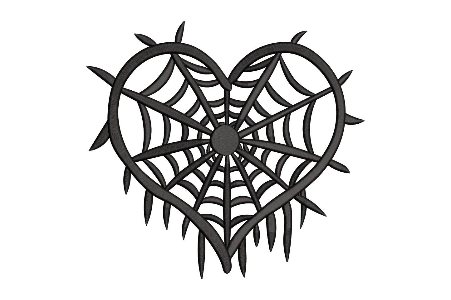 Heart shape with spider web lines stitched across, bold single-colour Halloween embroidery design on fabric