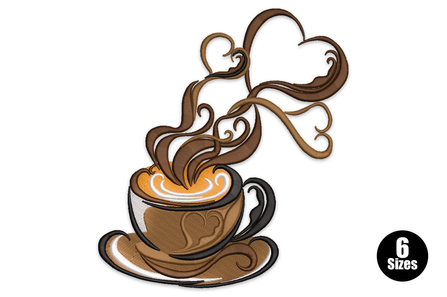 Heart steam coffee cup embroidery, brown latte cup on saucer, heart-shaped steam rising, cream swirl and scrollwork