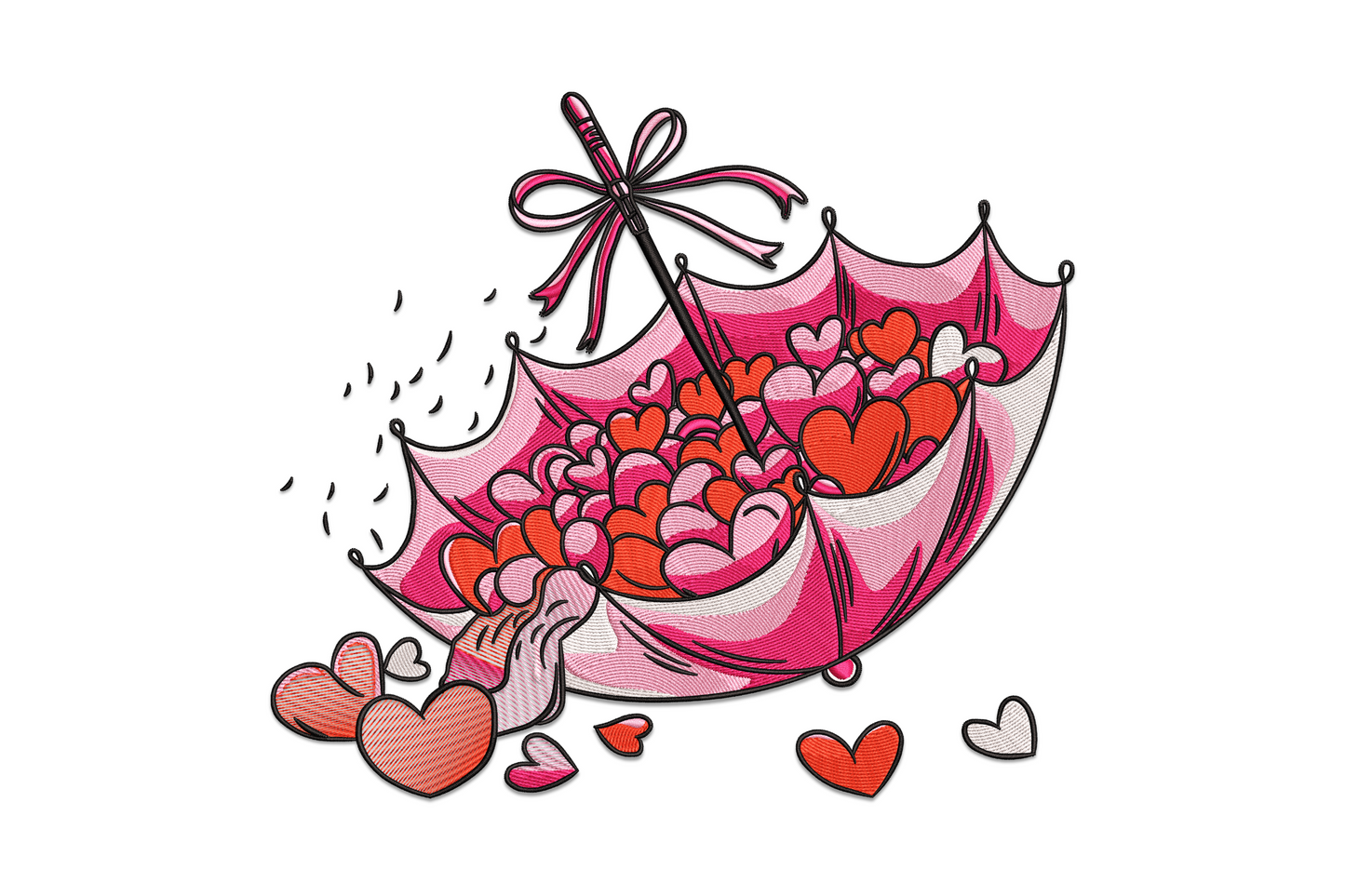 Machine embroidery design of an umbrella with a heart-shaped canopy in 5 colors, detailed scalloped edges and curved J handle, valentine design