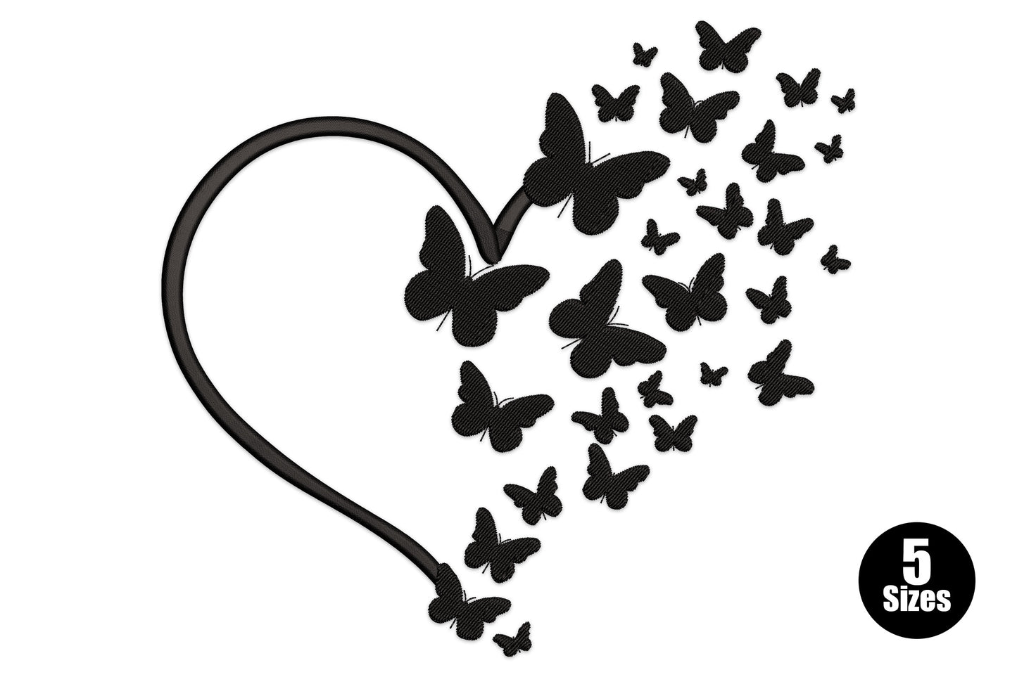 Black line art heart outline with flying butterflies lifting off the top right corner, single colour embroidery design.