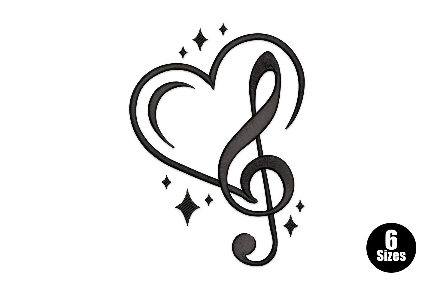 Treble clef merged with heart outline embroidery design, sparkle stars, 1 colour, 6 sizes from 2 to 7 inches