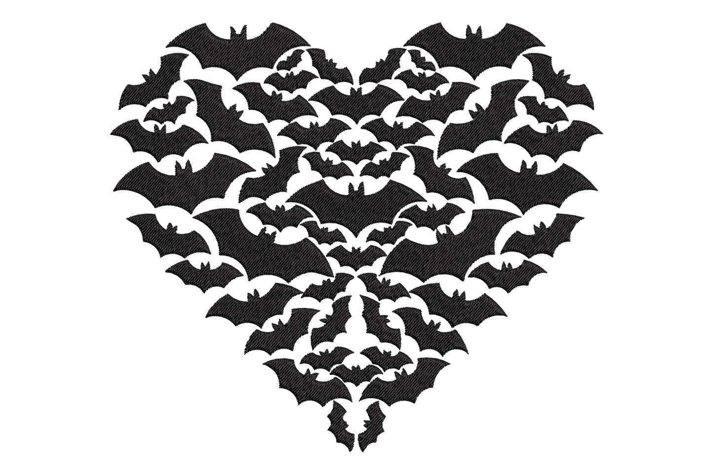 Heart shape formed from packed flying bats in all black embroidery, individual bat wing detail visible up close, halloween design