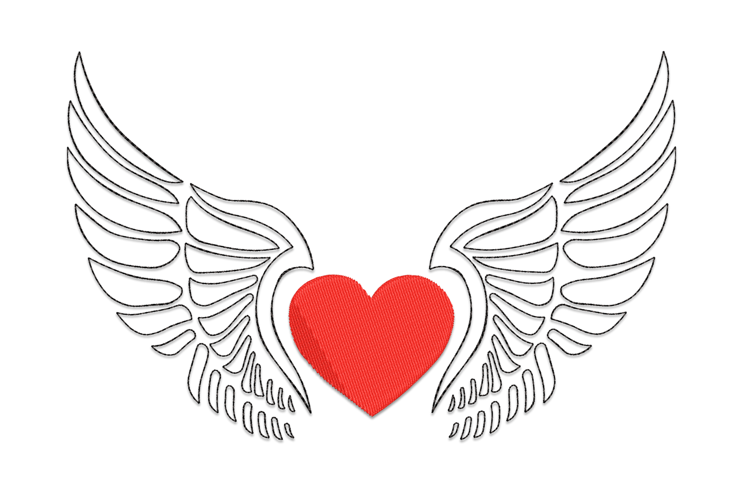 Heart with angel wings embroidery, solid red filled heart centred between wide symmetrical feathered wings in black outline stitching