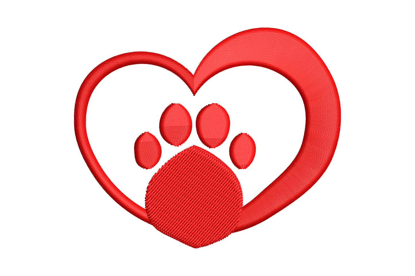 Red heart outline embroidery with fully filled red paw print centred inside, bold satin fill pet valentine design