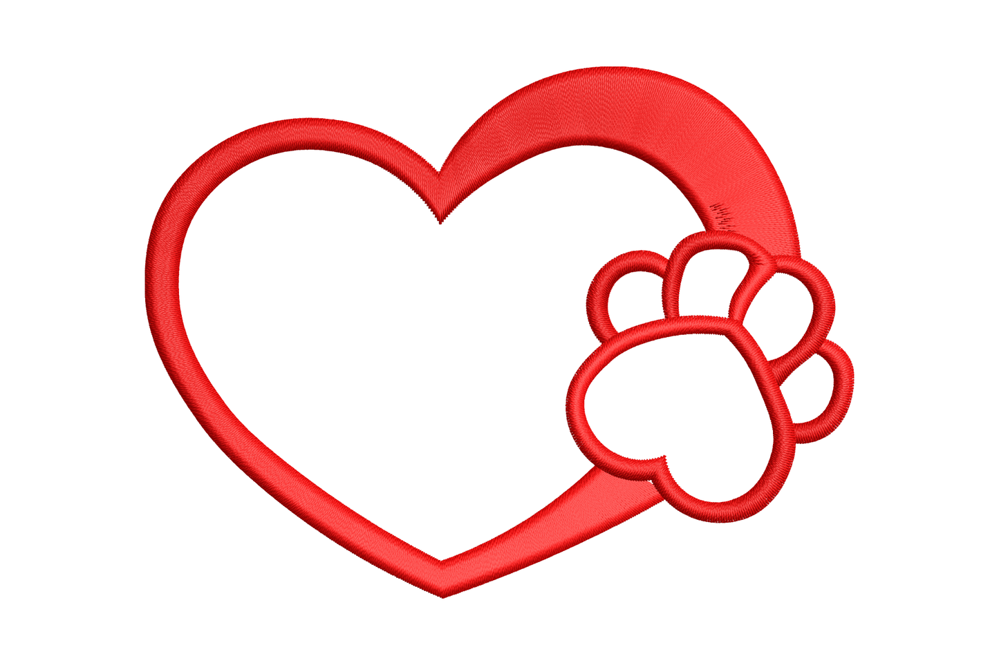 Red heart outline embroidery with paw print resting on right side of heart, open satin stitch pet love design