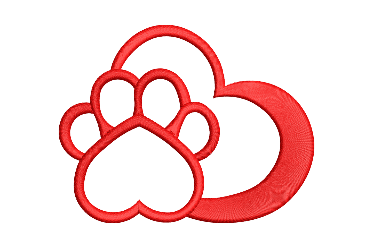Heart with paw print outline embroidery design in single colour running stitch, 4 sizes from 1.18 to 3.51 inch