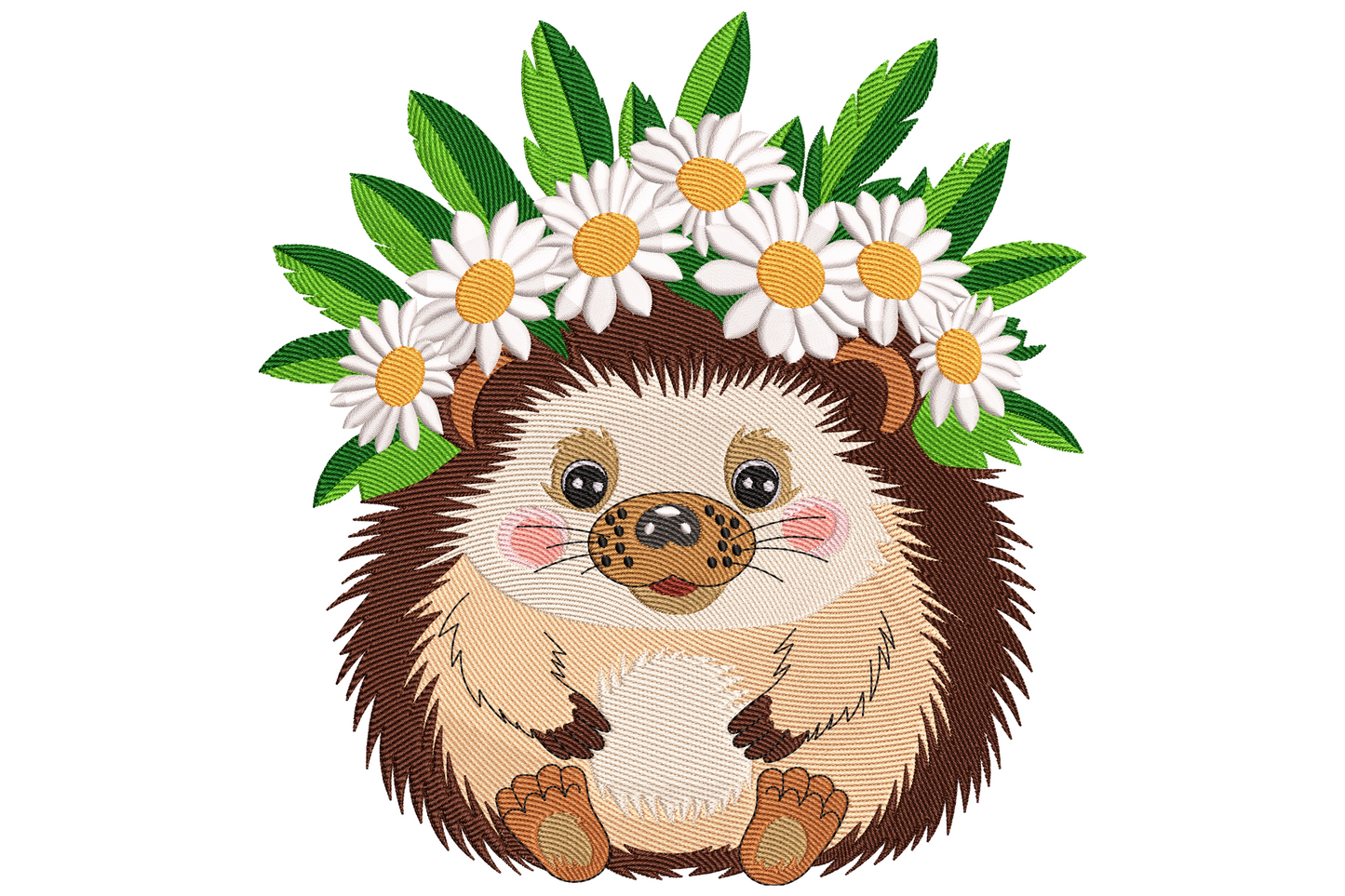 Hedgehog with daisy crown embroidery design showing a round chubby hedgehog with dark brown spines, big eyes, pink blushed cheeks, and a full crown of white daisies with yellow centres and green leaves.