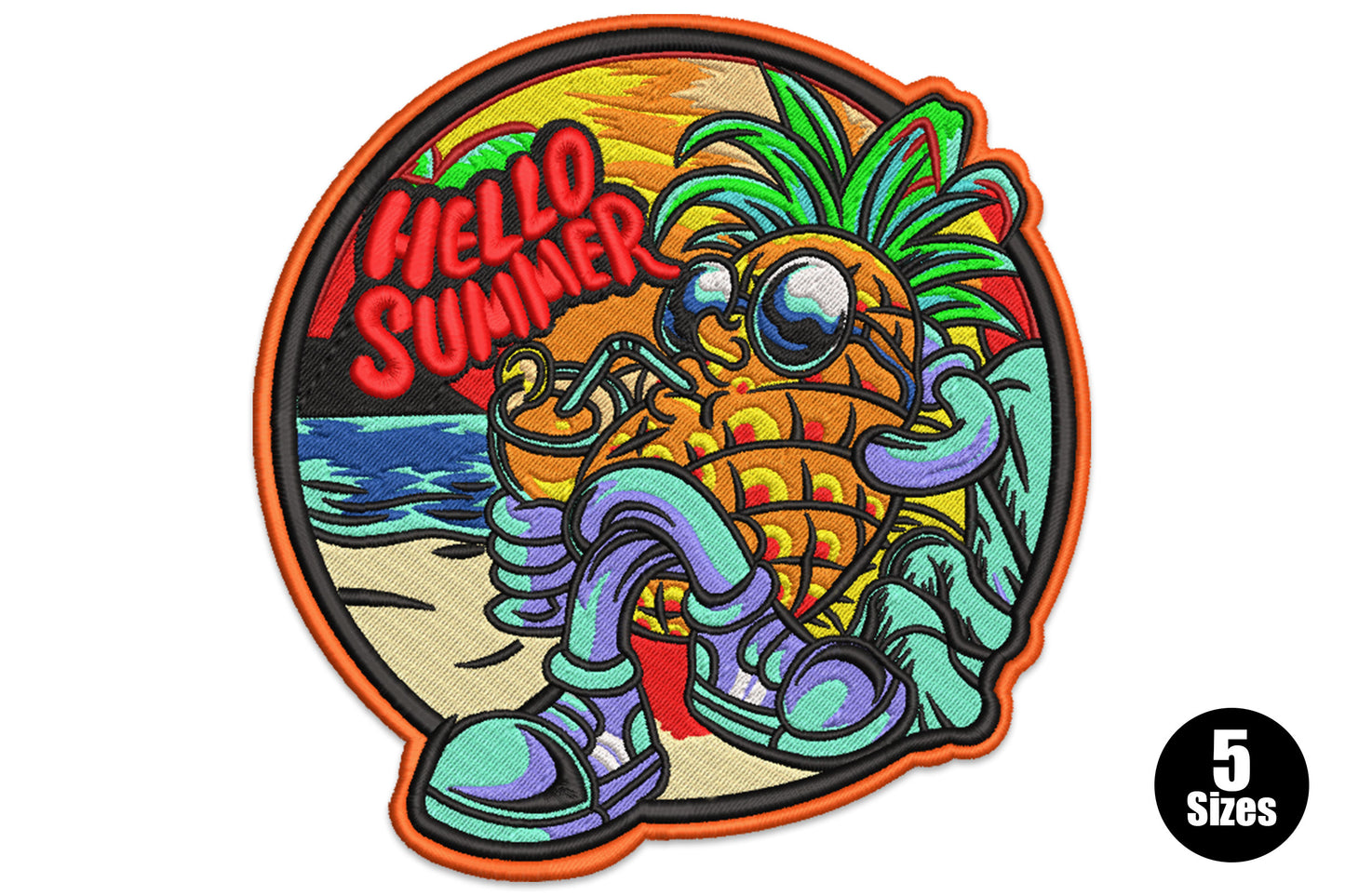 Hello Summer pineapple embroidery badge design showing a cartoon pineapple character in sneakers on a beach inside a circular orange-bordered patch.