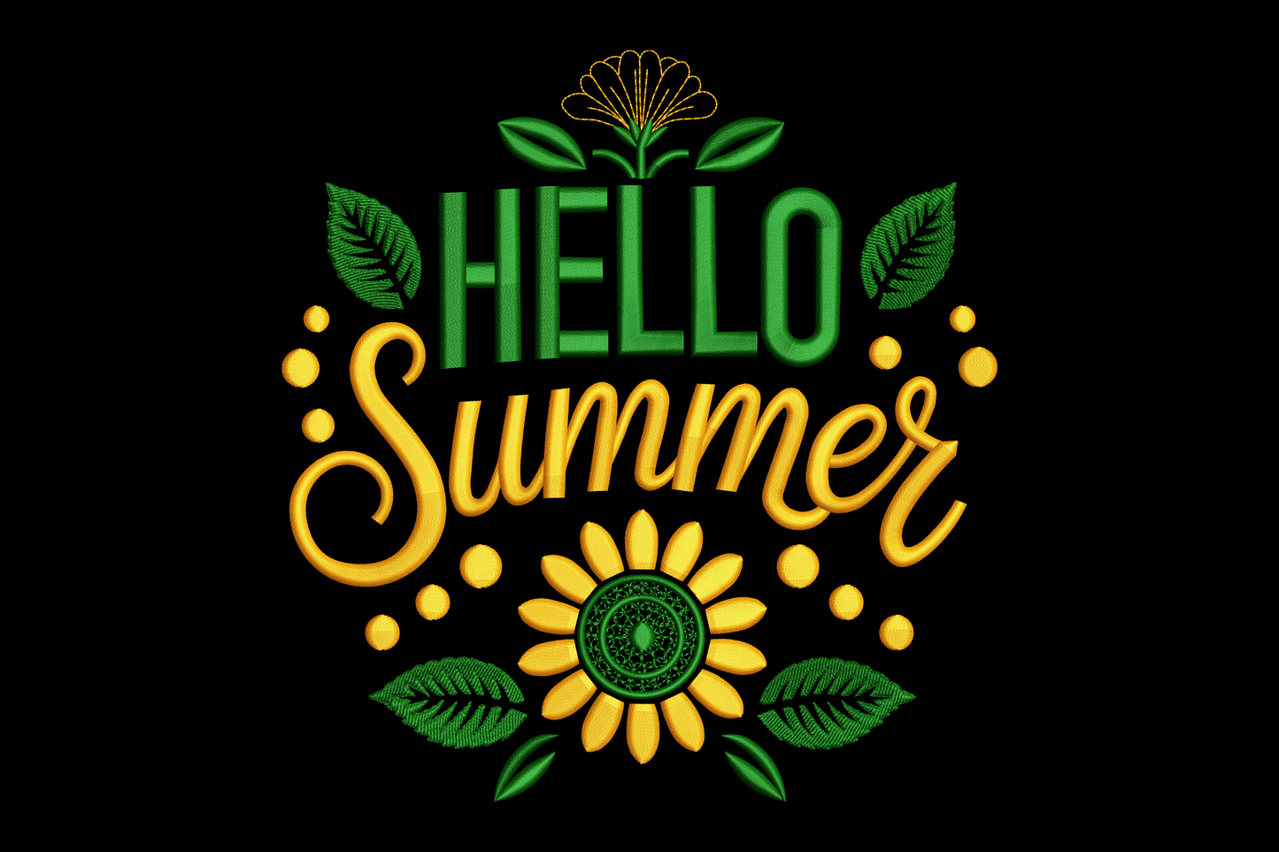 Decorative text 'Hello Summer' with floral elements on a black background