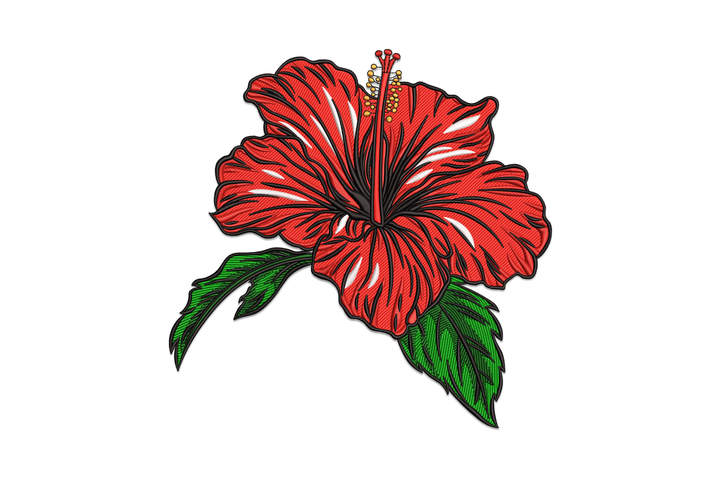 Hibiscus flower embroidery design, full tropical bloom in coral-pink with yellow stamen, seven-colour botanical realistic style, lush petal detail.