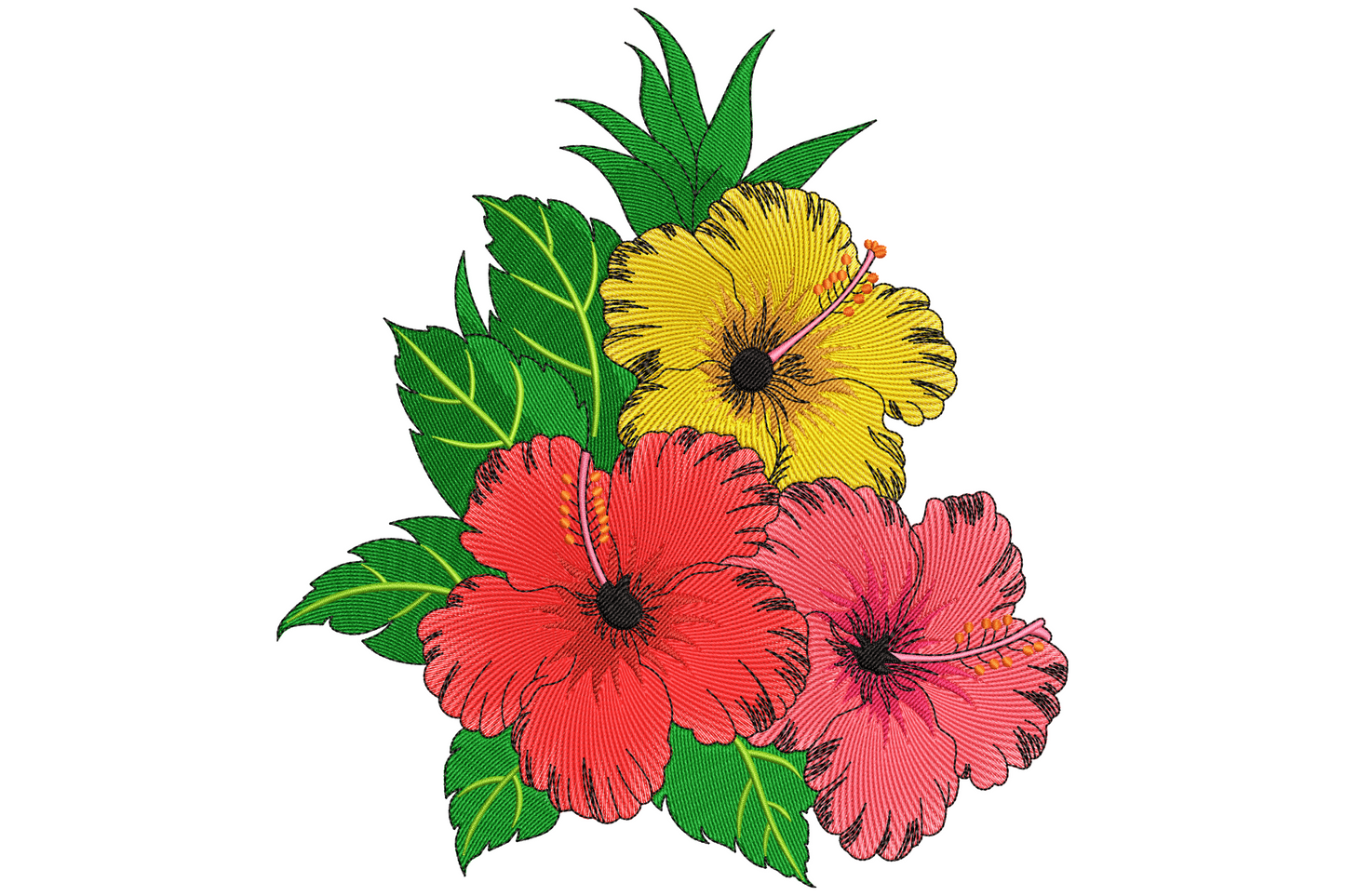 Machine embroidery design of three hibiscus flowers in coral and pink with green leaves grouped in a natural tropical cluster