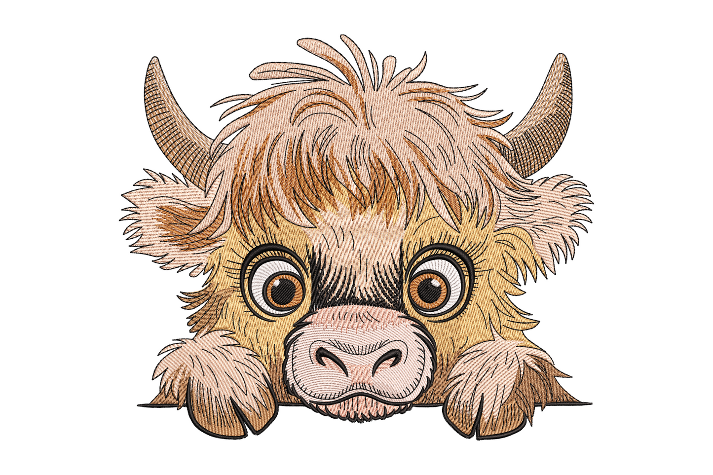 Baby highland cow embroidery design, young calf with oversized round head, wispy fringe, nine soft pastel thread colours, nursery-style composition.