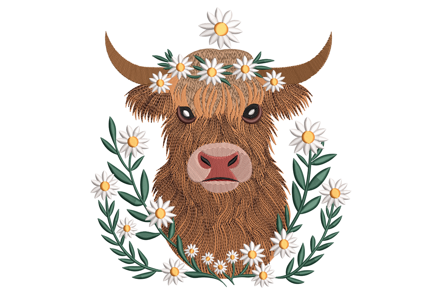 Highland cow head portrait with shaggy red brown fur, daisy crown and white daisy garland, pink nose embroidery design